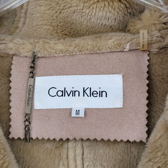 Calvin Klein Womens Faux Suede Coat Jacket Size Medium Tan Hood Raccoon Fur Trim - Picture 6 of 8